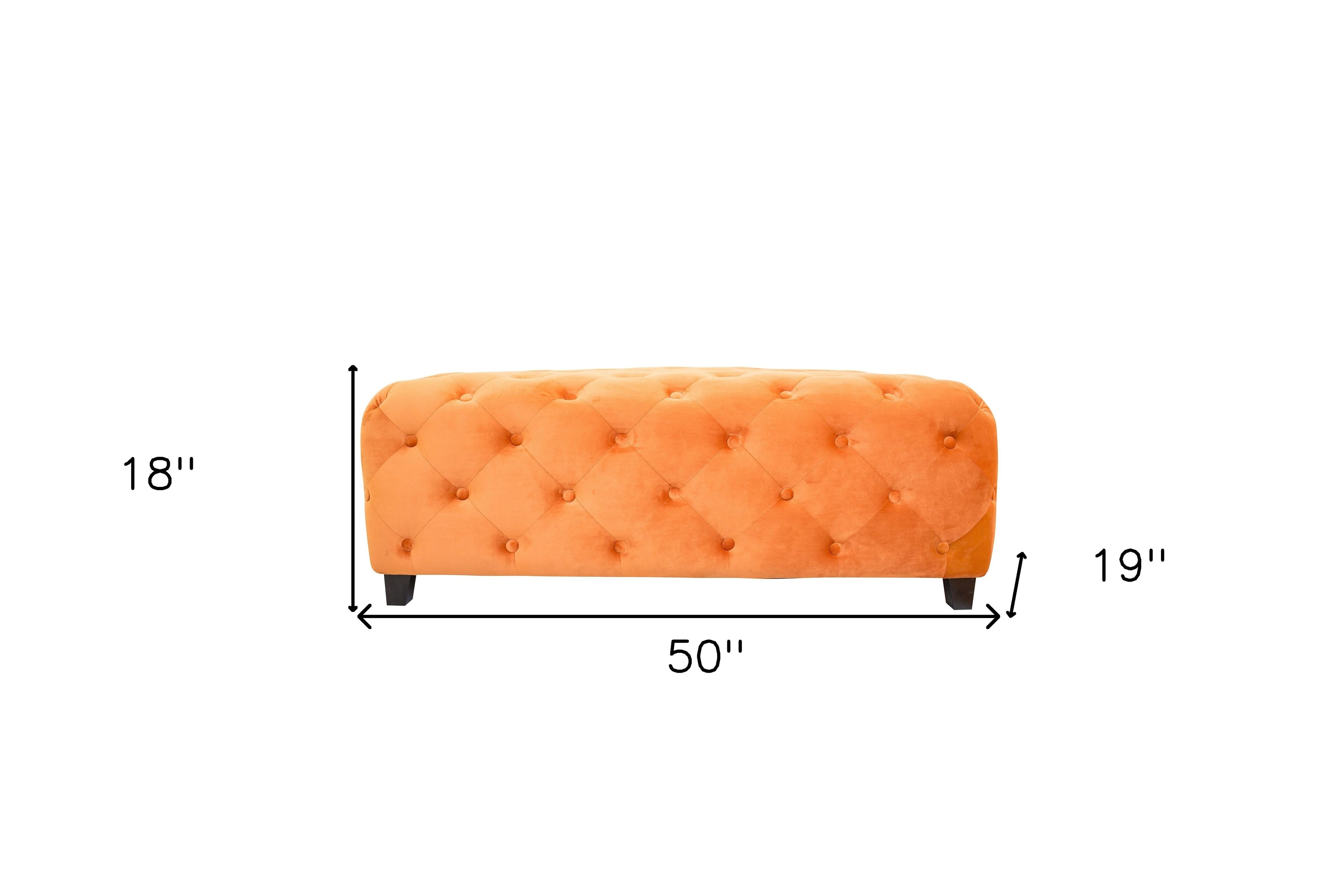 50" Orange and Dark Brown Velvet and Solid Wood Upholstered Bench