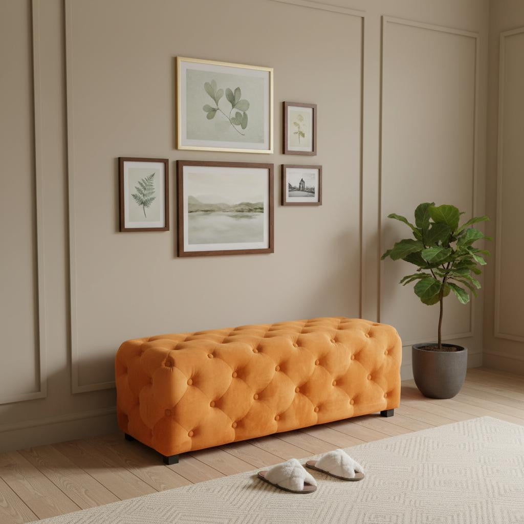 50" Orange and Dark Brown Velvet and Solid Wood Upholstered Bench
