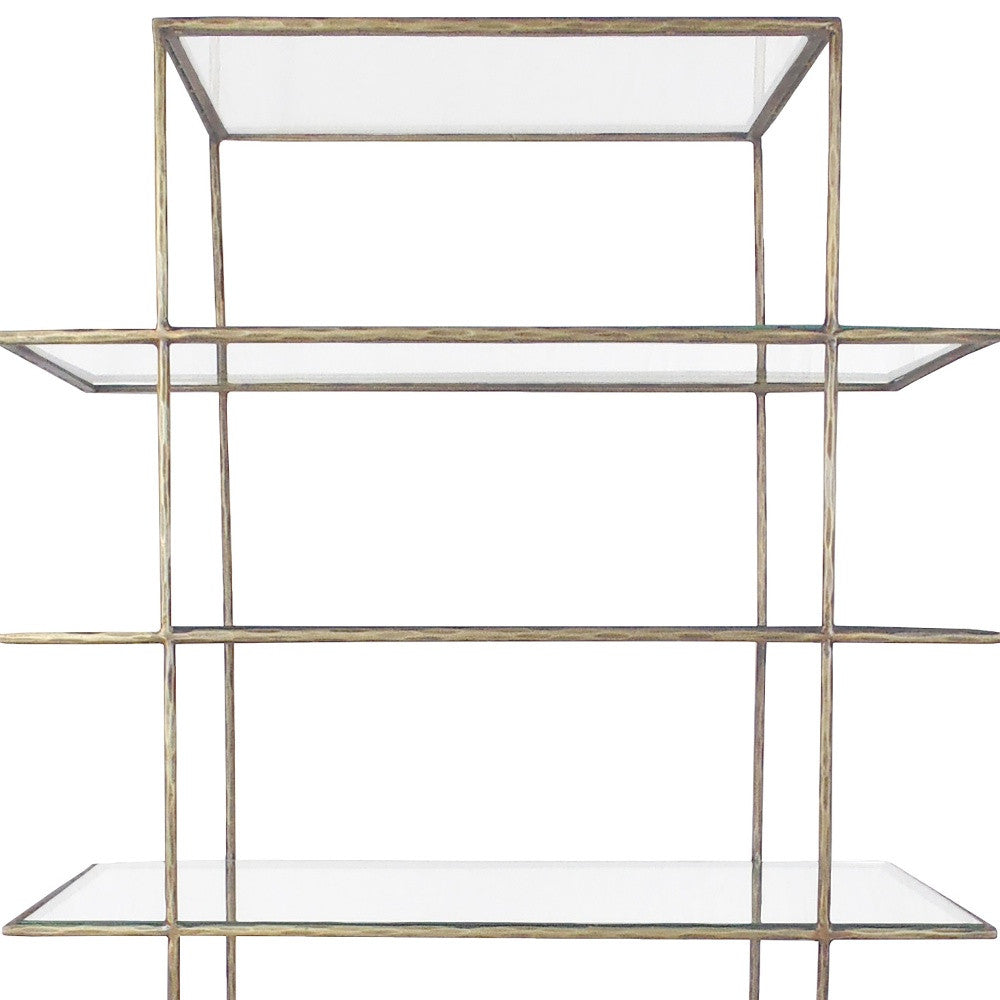 59" Antiqued Gold And Clear Iron and Glass Five Tier Etagere Bookcase