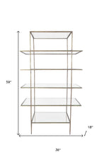 59" Antiqued Gold And Clear Iron and Glass Five Tier Etagere Bookcase
