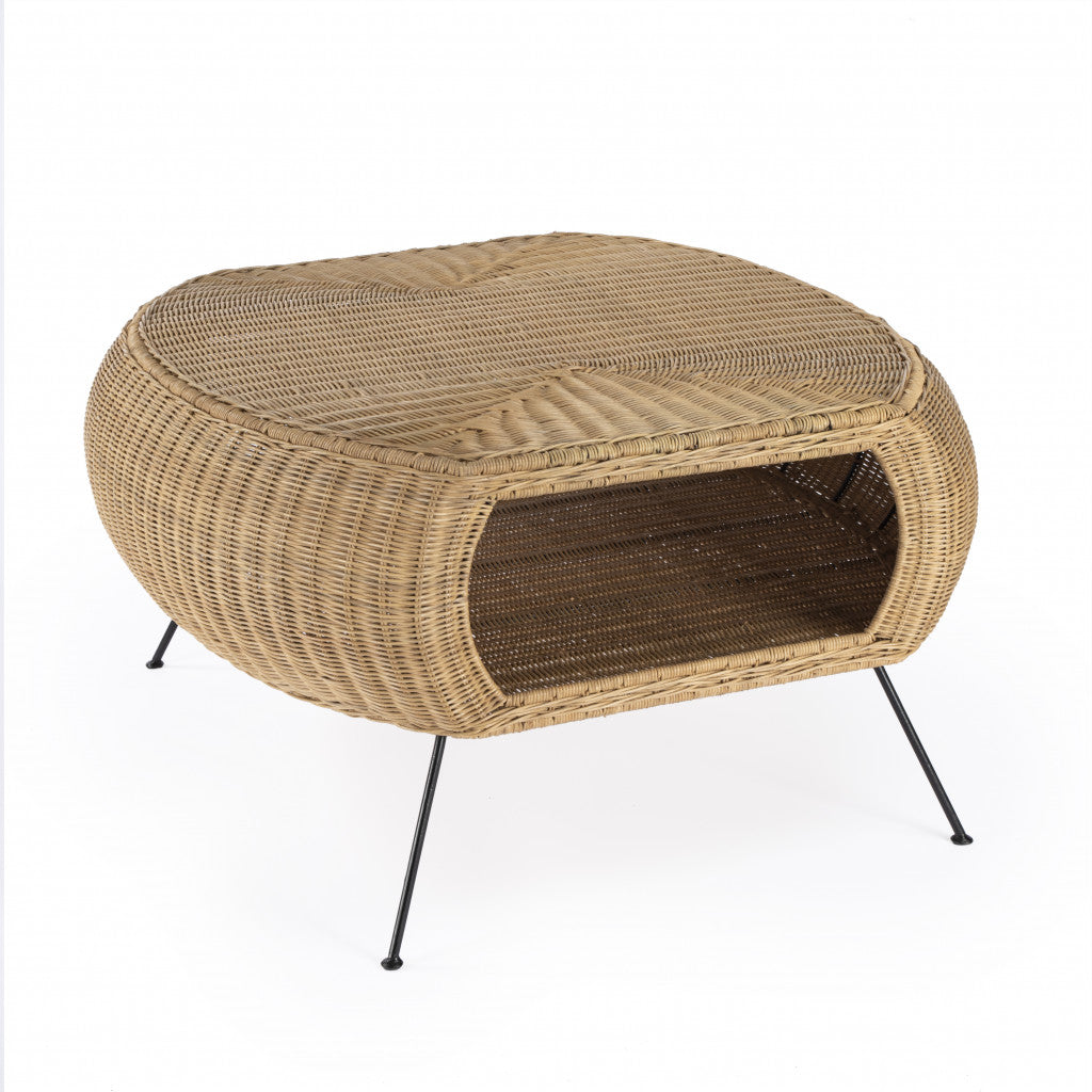 38" Natural and Black Rattan and Iron Oval Coffee Table