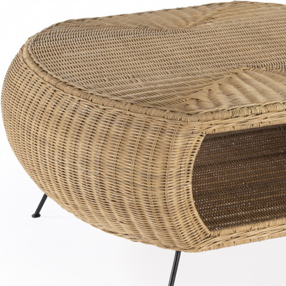 38" Natural and Black Rattan and Iron Oval Coffee Table