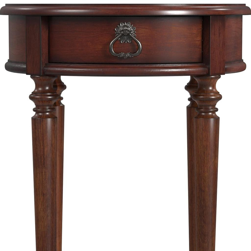 26" Brown Distressed Wood Round End Table With Drawer And Shelf