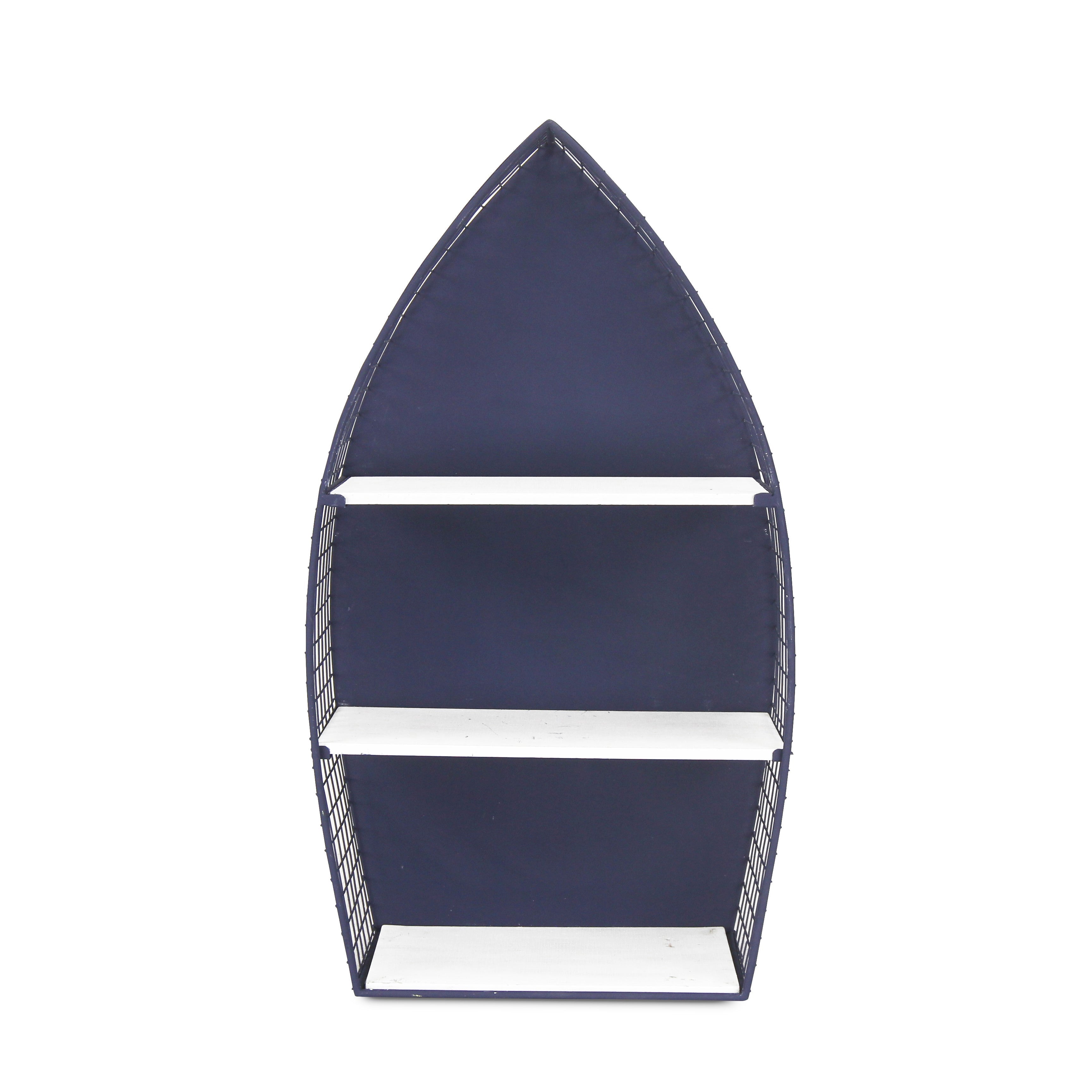 30" Navy Blue And White Metal and Wood Boat Shaped Bookcase