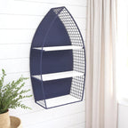 30" Navy Blue And White Metal and Wood Boat Shaped Bookcase