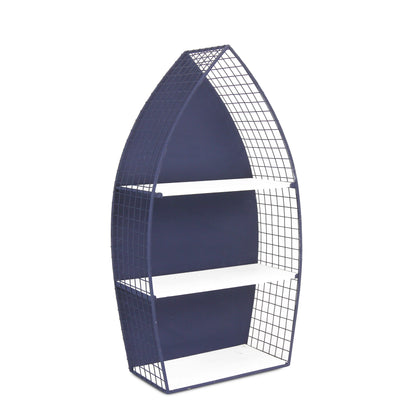 30" Navy Blue And White Metal and Wood Boat Shaped Bookcase