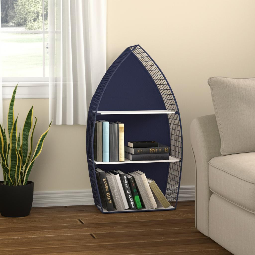 30" Navy Blue And White Metal and Wood Boat Shaped Bookcase