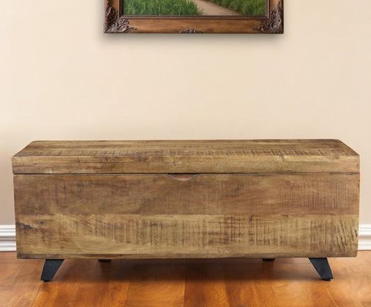 46" Brown and Black Distressed Solid Wood Storage Bench with Flip Top