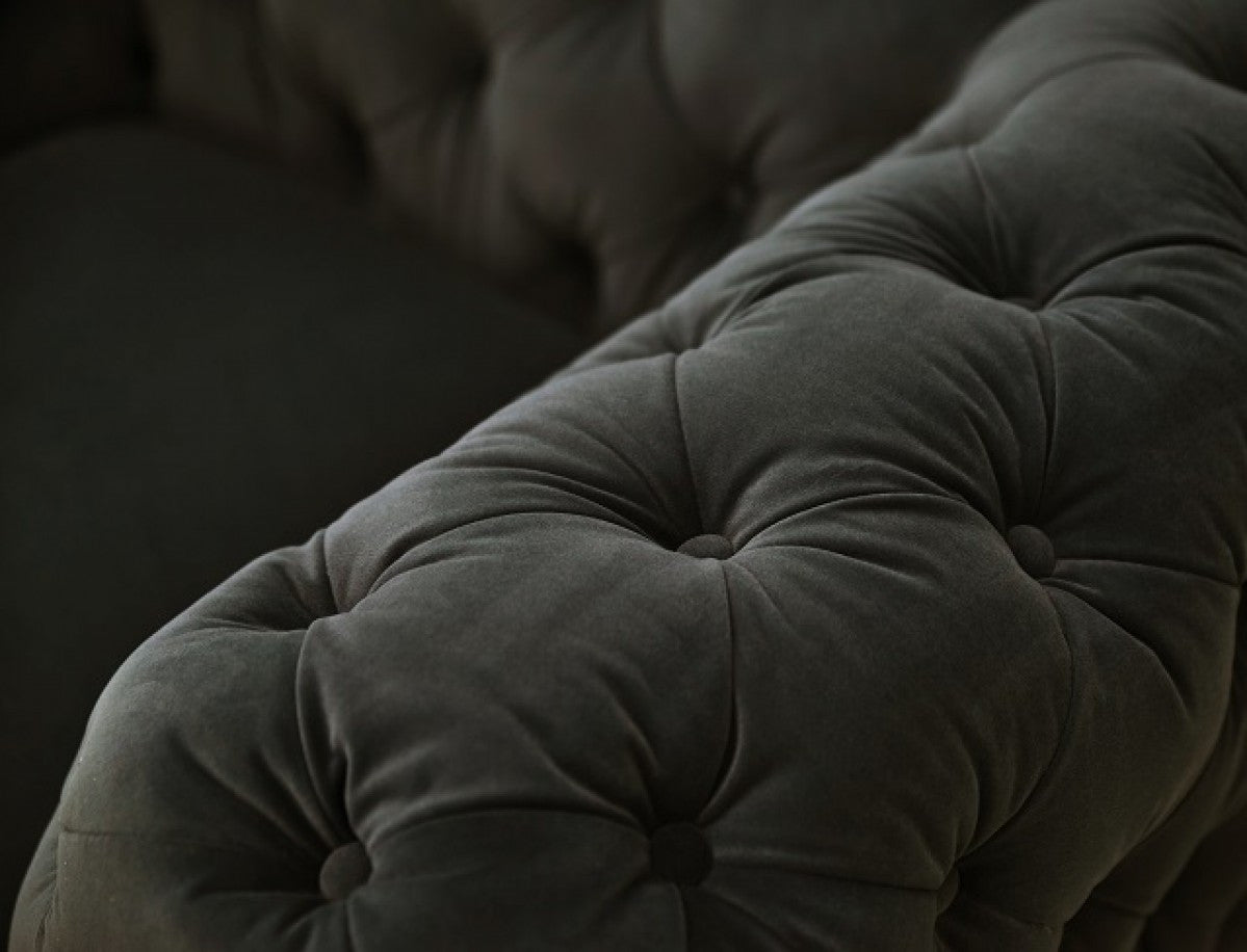 74" Dark Gray And Gold Velour Chesterfield Loveseat