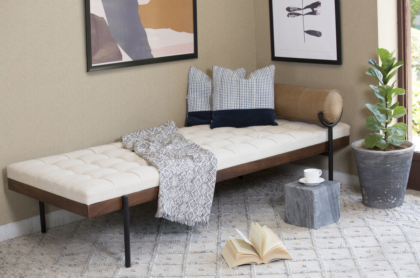 72" Ivory Brown And Black Tufted Cotton Wood And Metal Cushioned Bench With Pillow