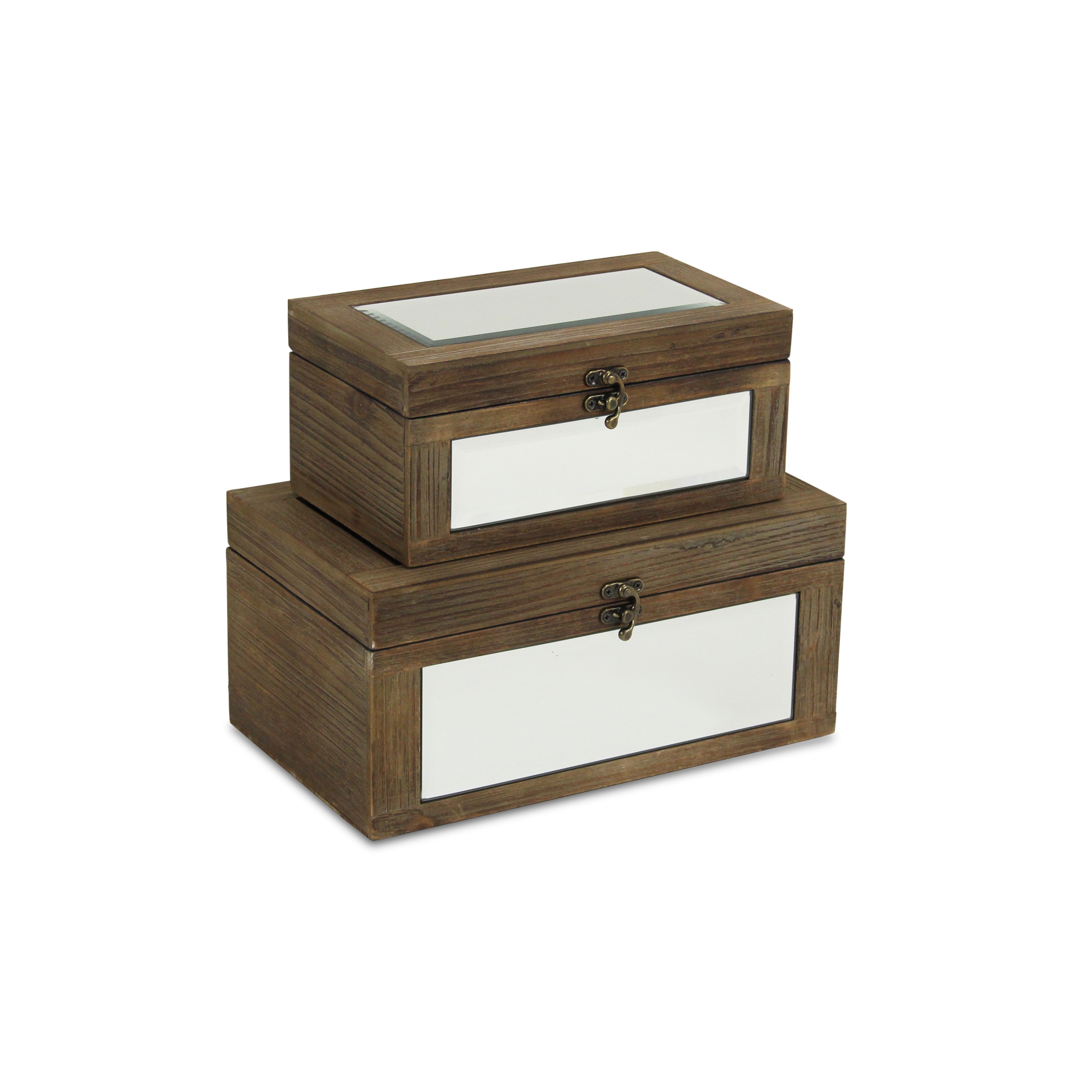 Set of Two Natural And White Wood And Mirrored Glass Box With Lid