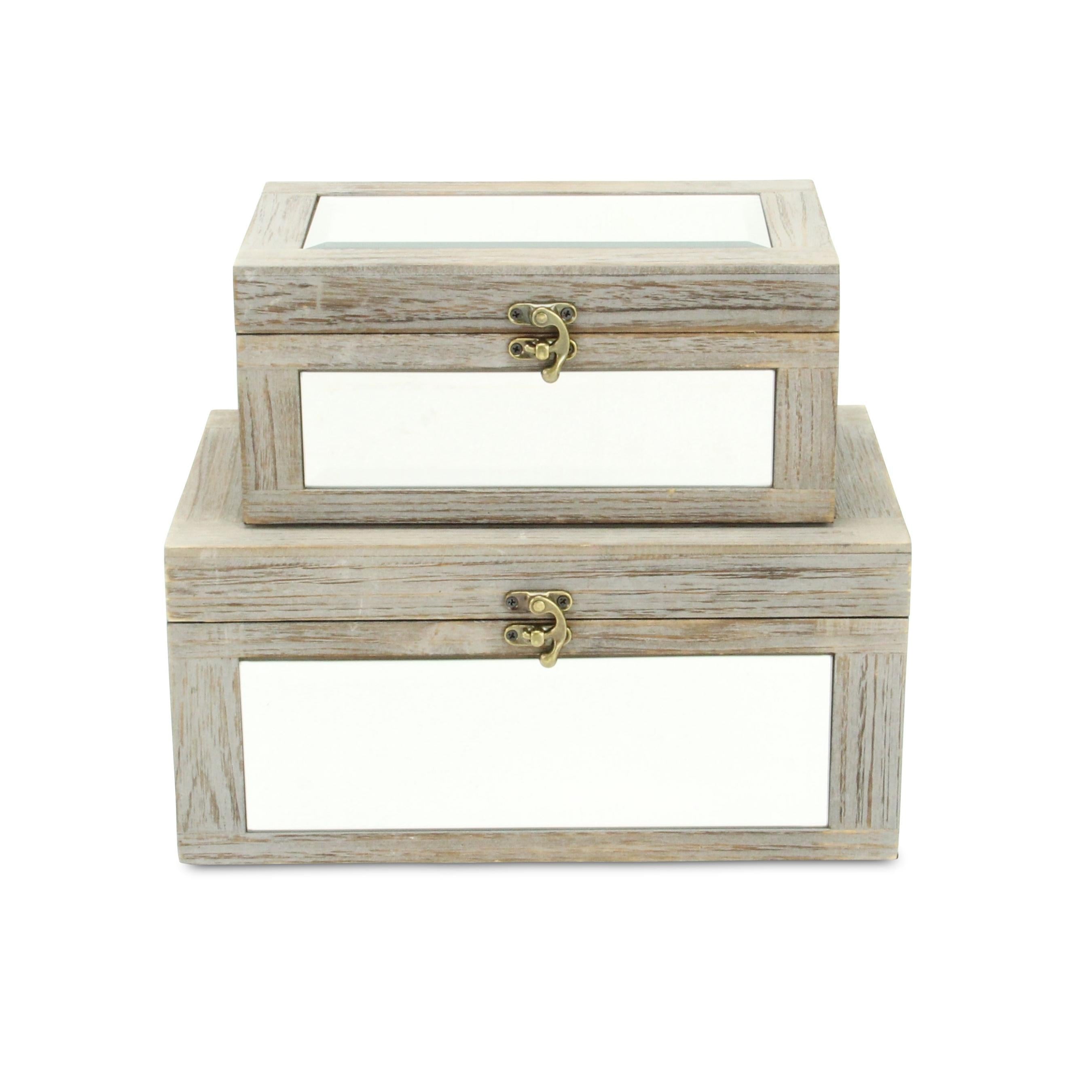 Set of Two Gray And White Wood And Mirrored Glass Box With Lid