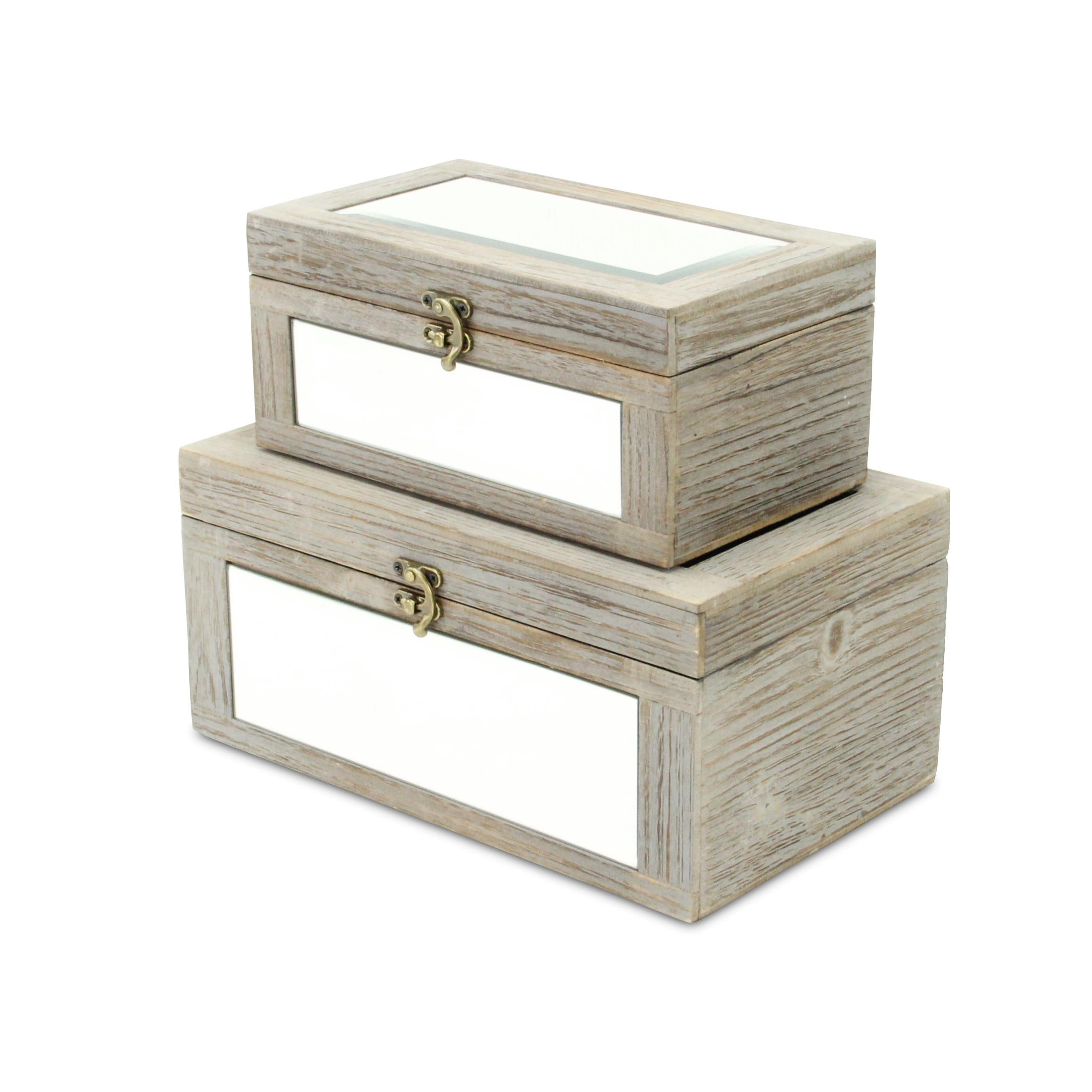 Set of Two Gray And White Wood And Mirrored Glass Box With Lid