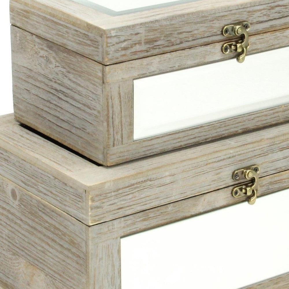 Set of Two Gray And White Wood And Mirrored Glass Box With Lid