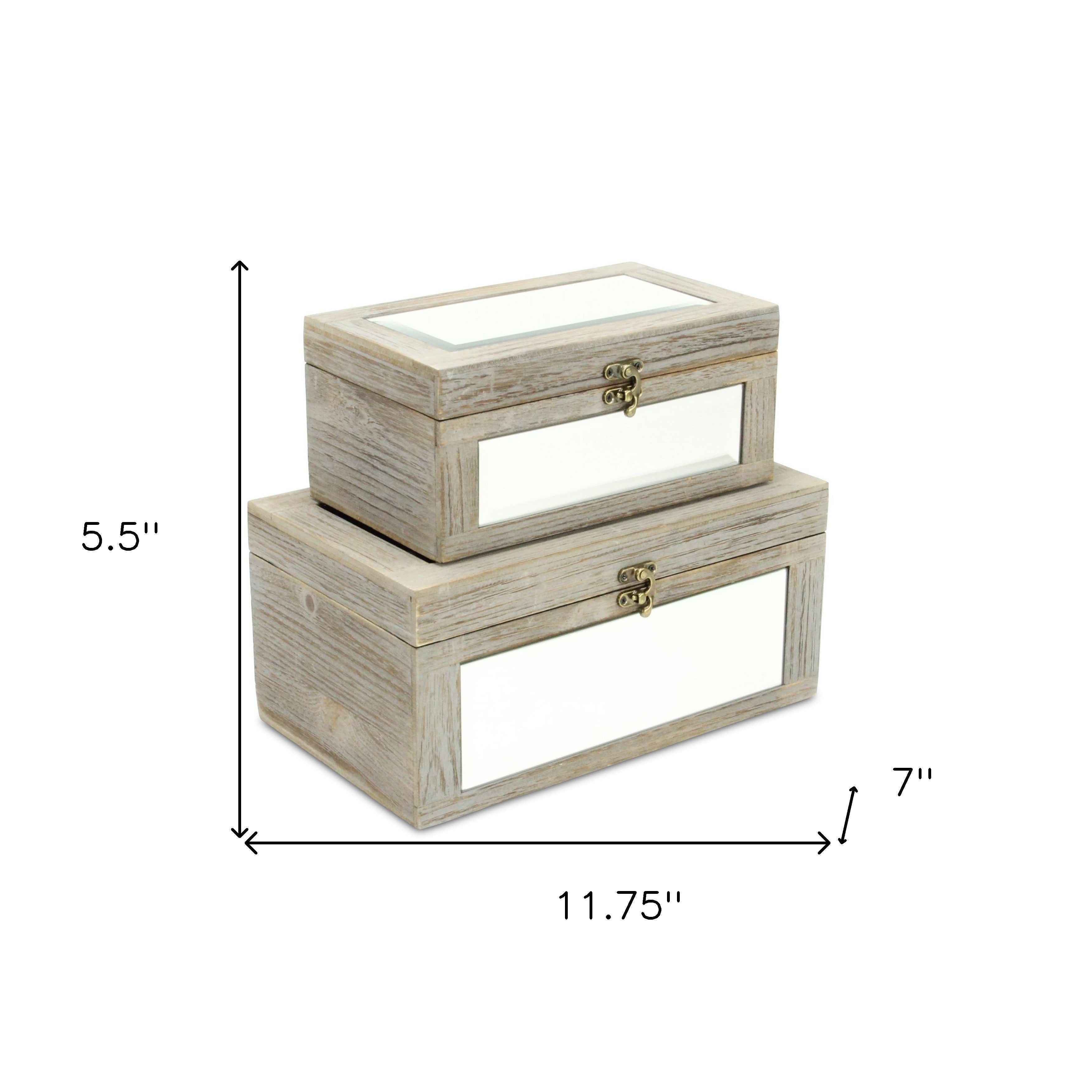 Set of Two Gray And White Wood And Mirrored Glass Box With Lid