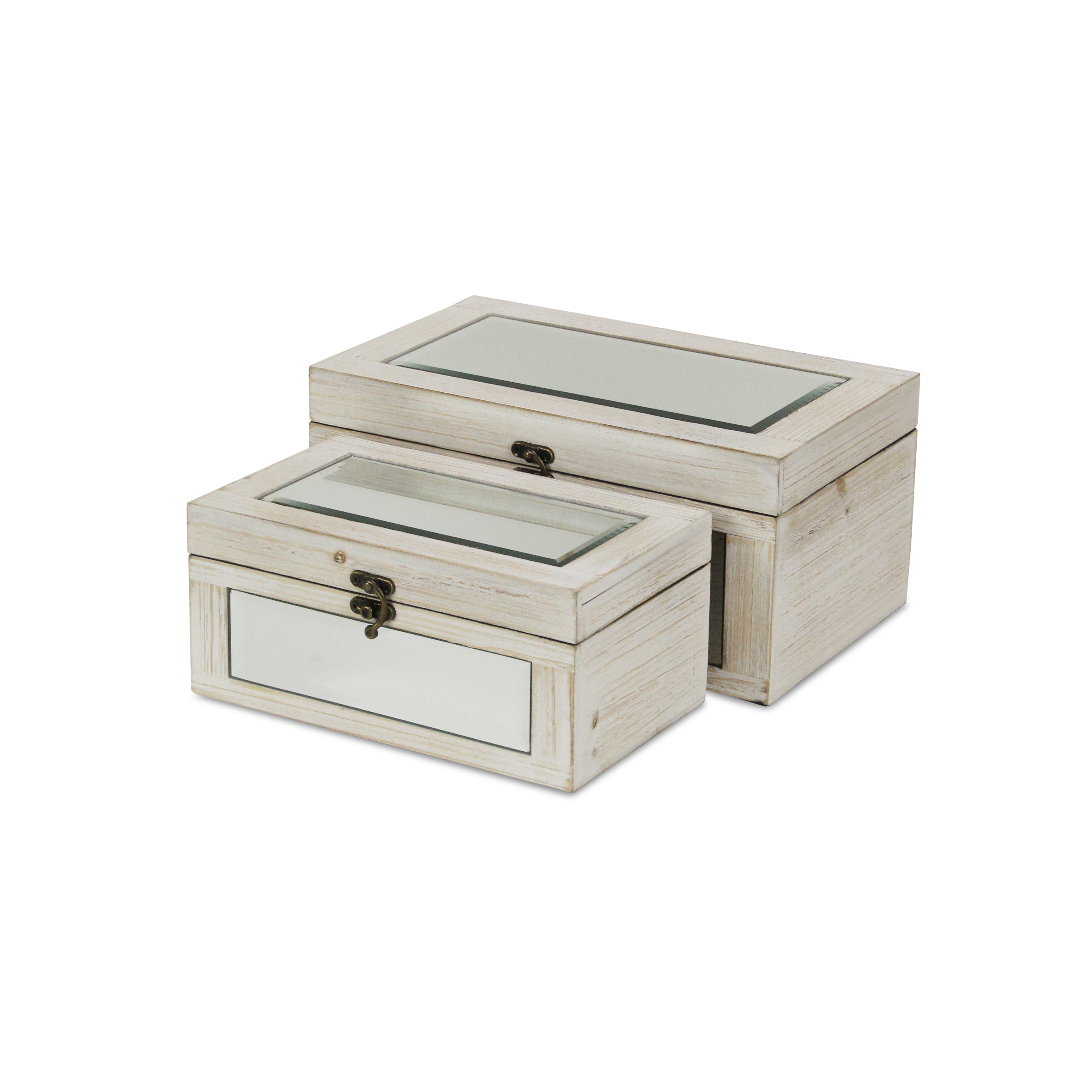 Set of Two White Wood And Mirrored Glass Box With Lid