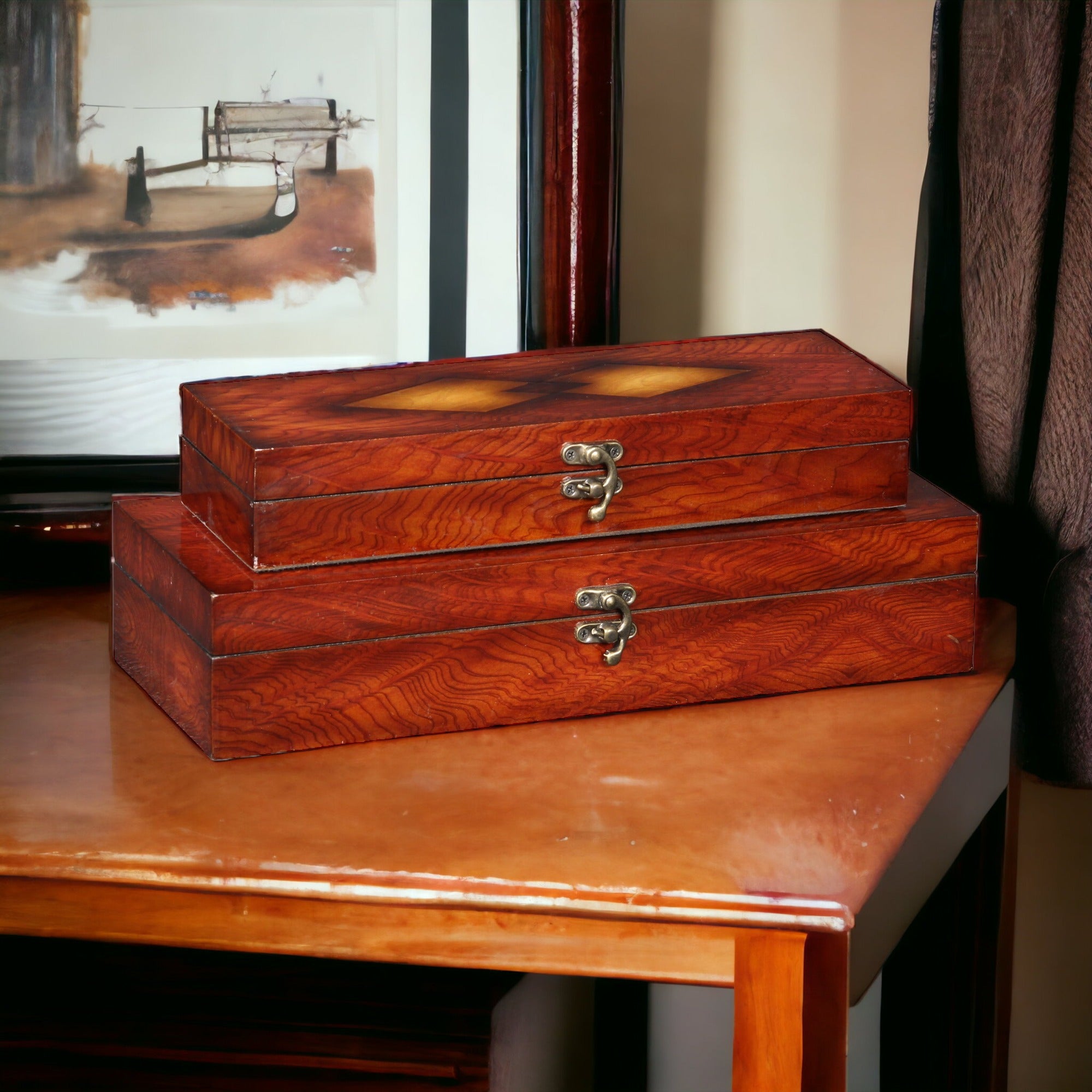 Set of Two Brown Wood Box With Lid