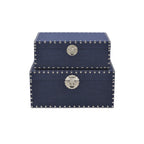 Set of Two Navy Blue Wood Fabric And Metal Box With Lid