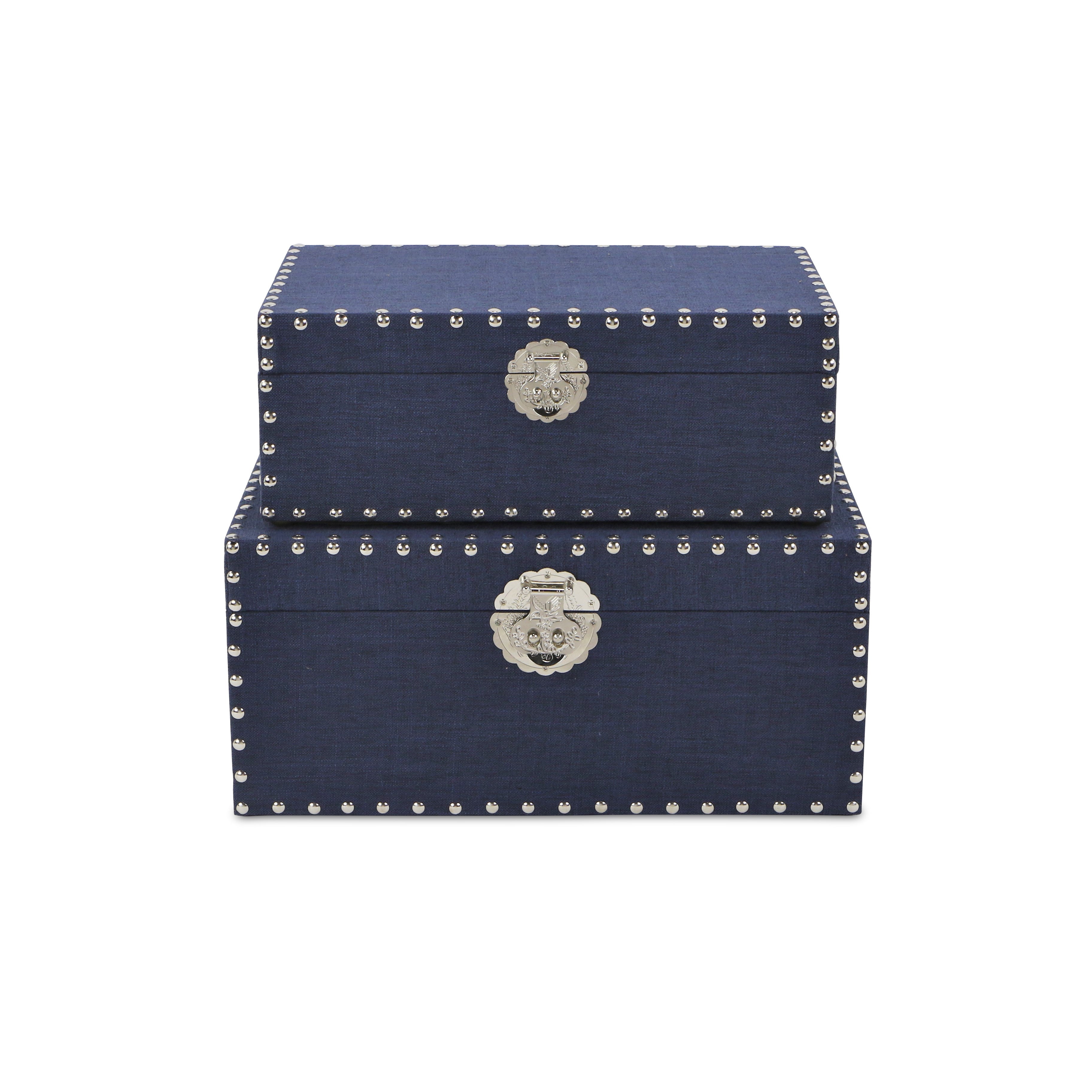 Set of Two Navy Blue Wood Fabric And Metal Box With Lid