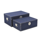 Set of Two Navy Blue Wood Fabric And Metal Box With Lid