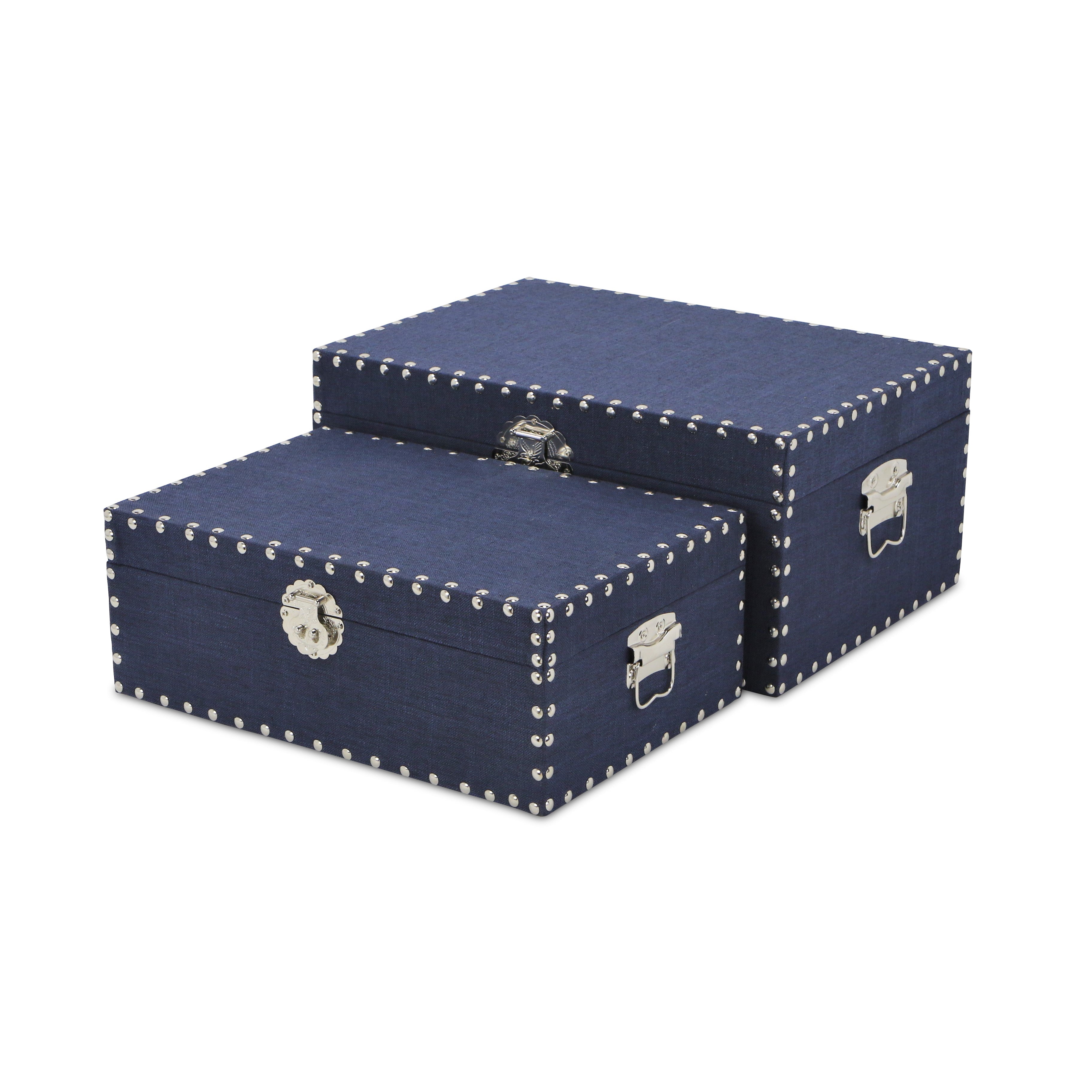 Set of Two Navy Blue Wood Fabric And Metal Box With Lid