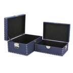 Set of Two Navy Blue Wood Fabric And Metal Box With Lid
