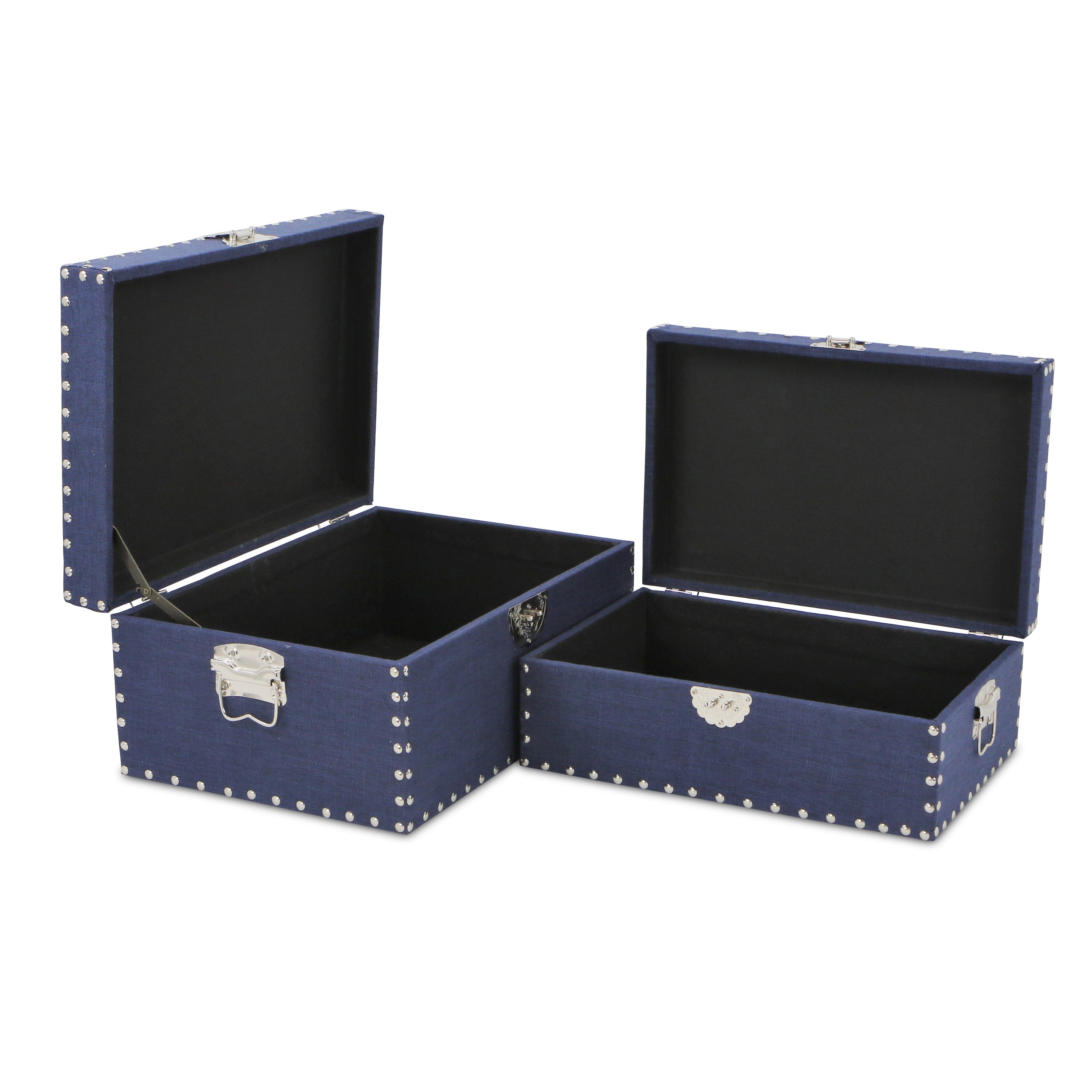 Set of Two Navy Blue Wood Fabric And Metal Box With Lid