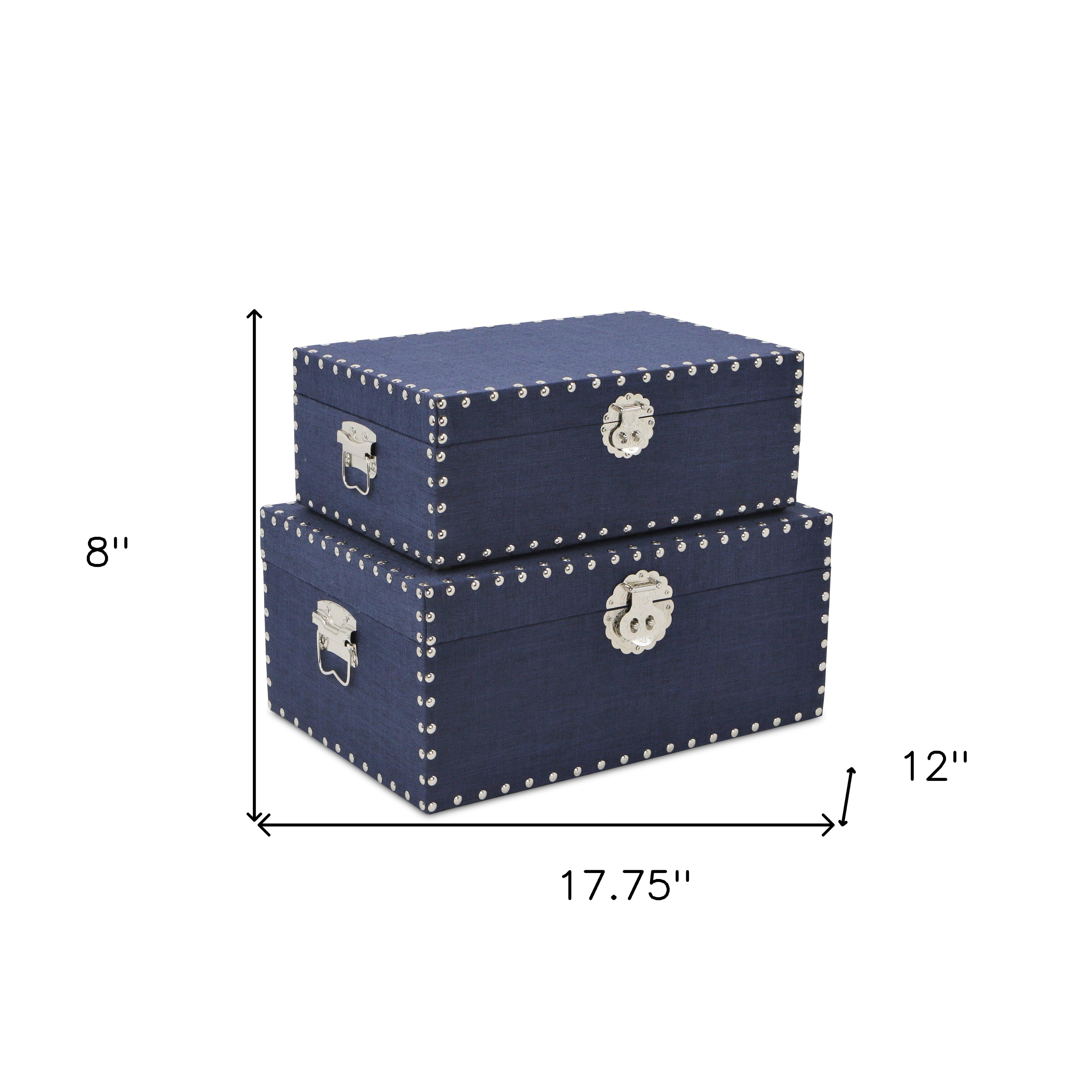Set of Two Navy Blue Wood Fabric And Metal Box With Lid