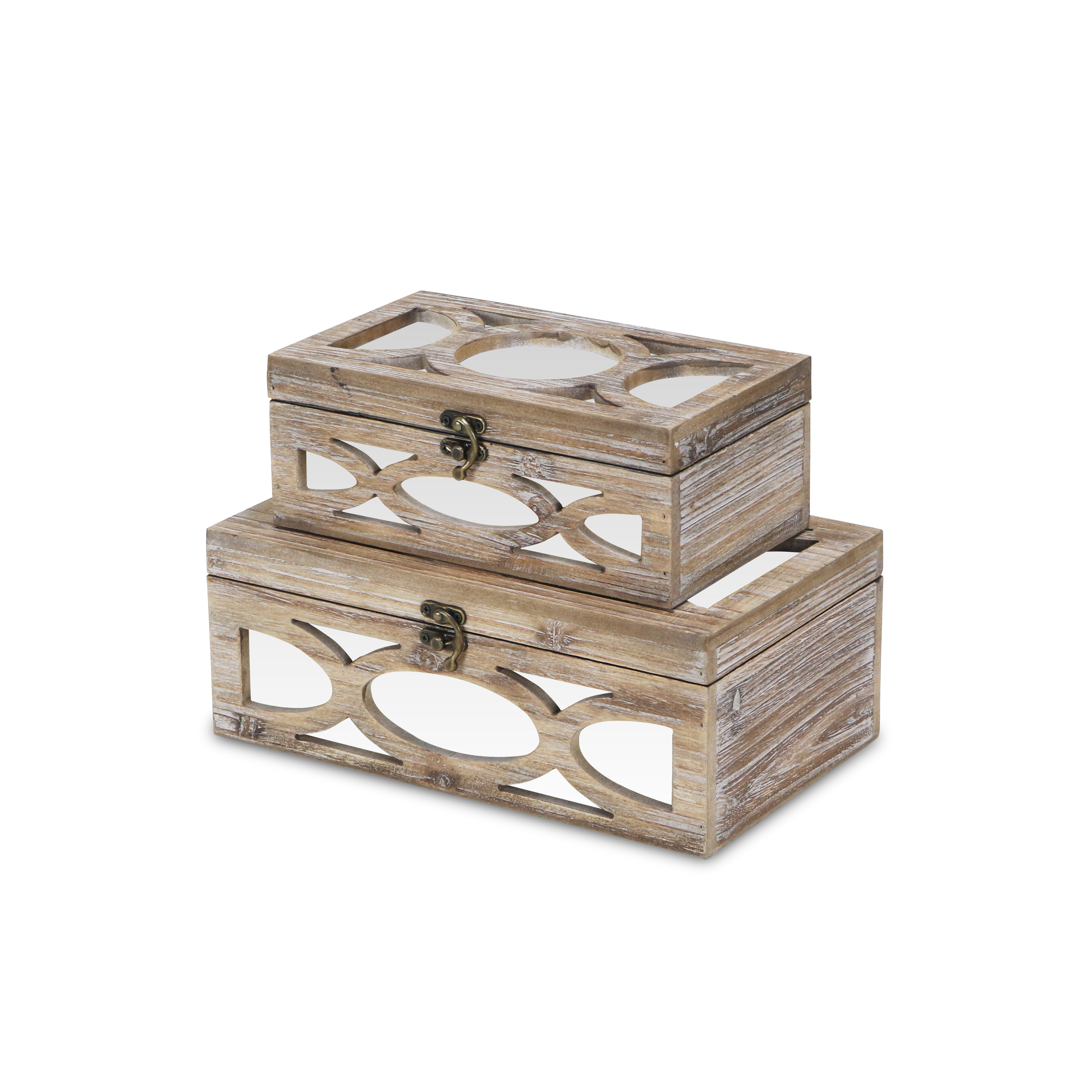Set of Two Natural And White Solid Wood And Mirrored Glass Box With Lid