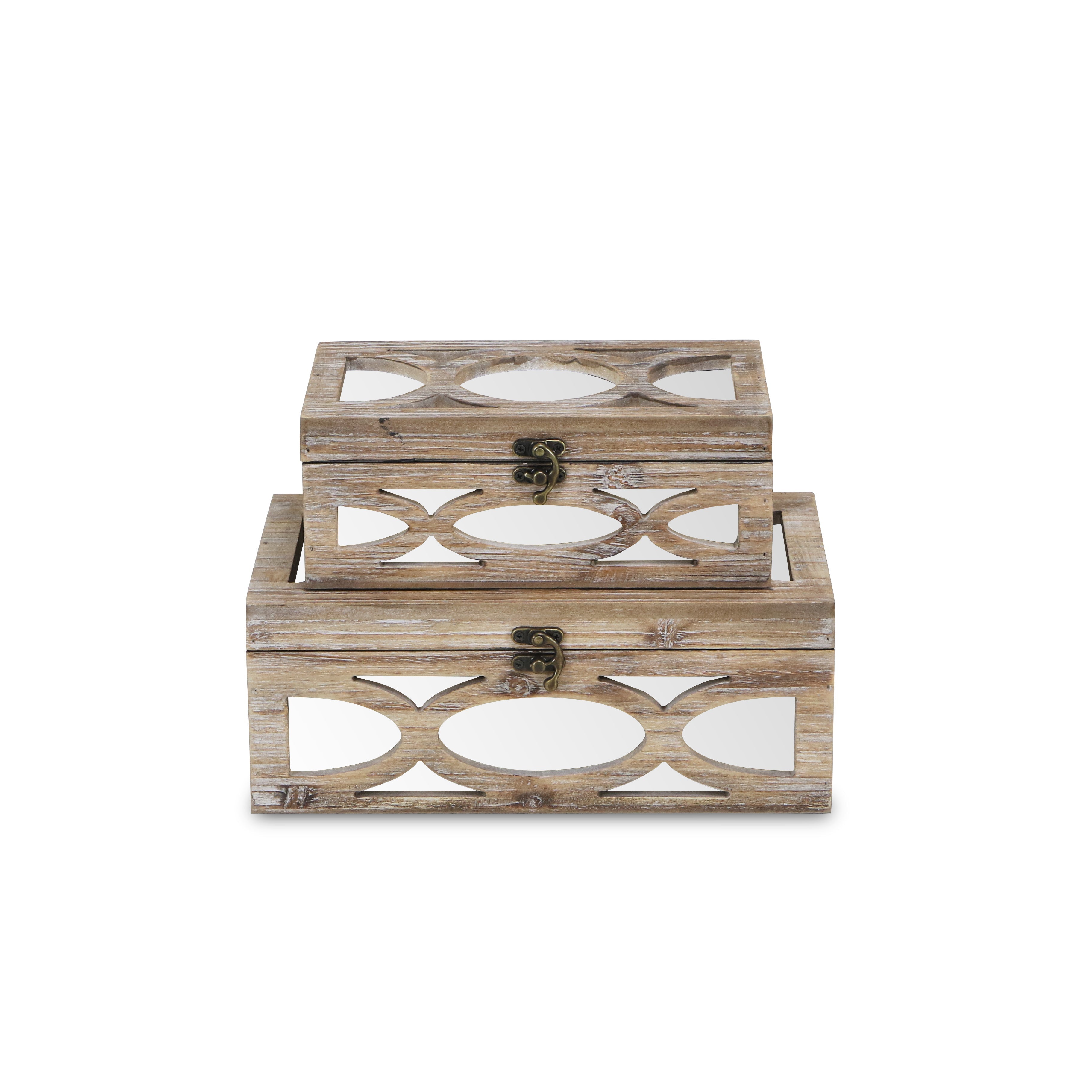 Set of Two Natural And White Solid Wood And Mirrored Glass Box With Lid
