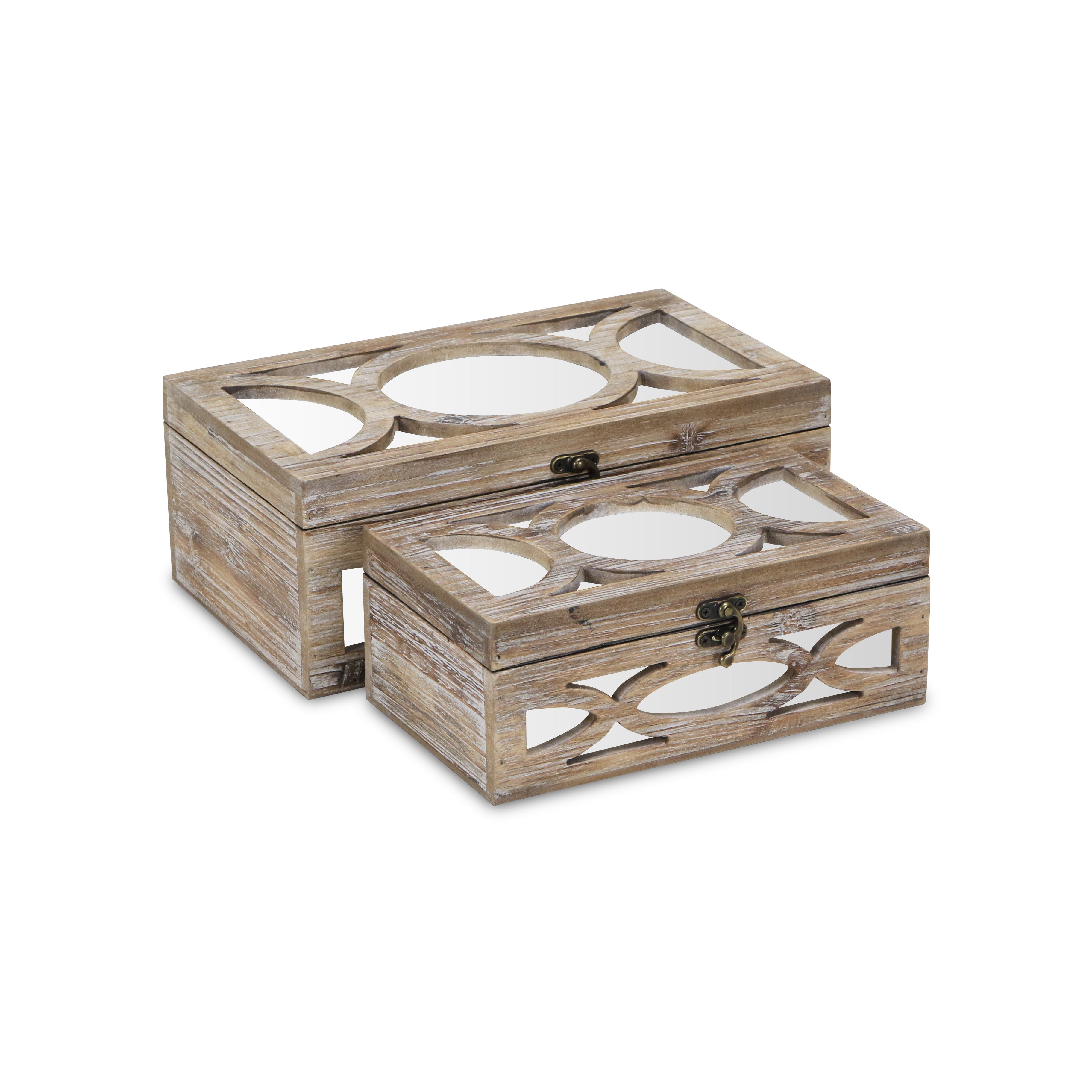 Set of Two Natural And White Solid Wood And Mirrored Glass Box With Lid