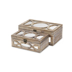 Set of Two Natural And White Solid Wood And Mirrored Glass Box With Lid