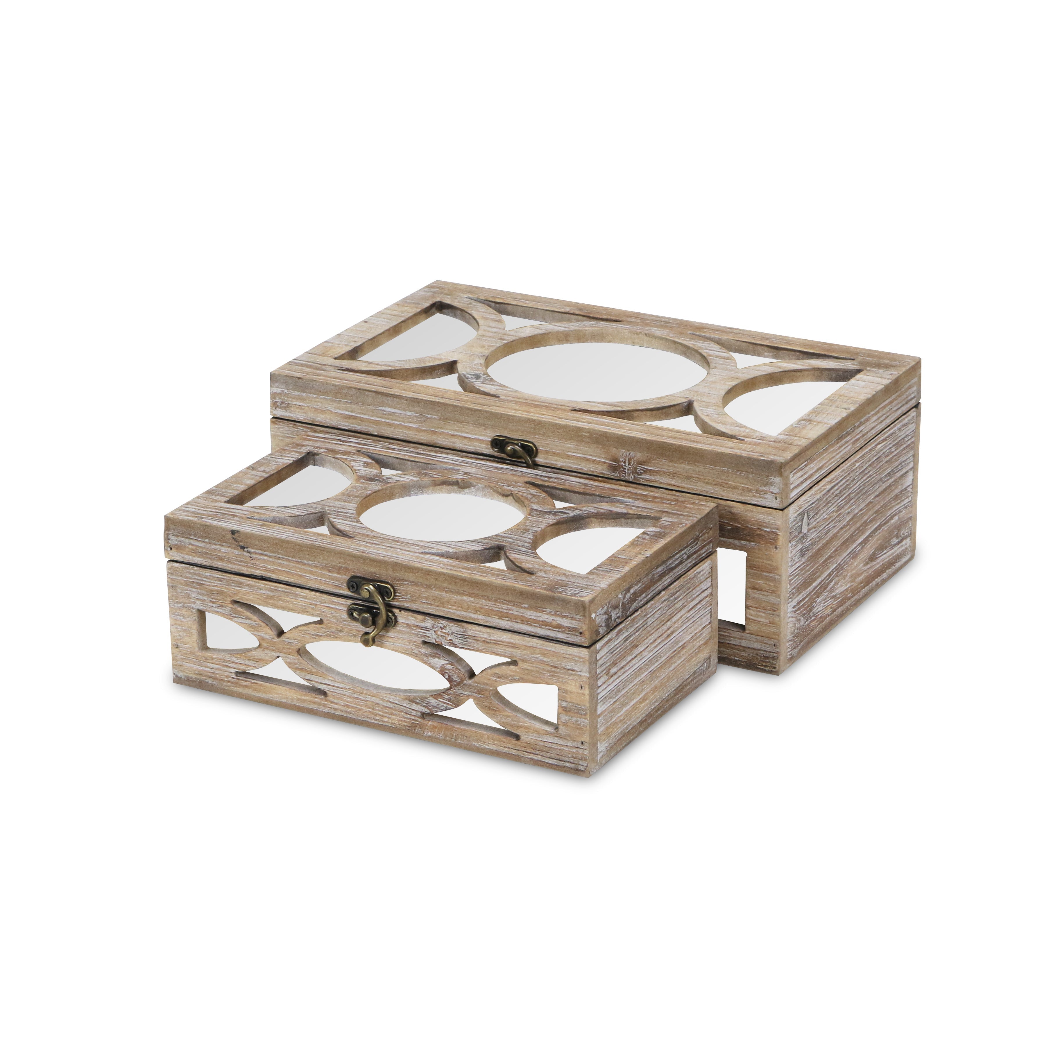 Set of Two Natural And White Solid Wood And Mirrored Glass Box With Lid