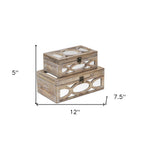 Set of Two Natural And White Solid Wood And Mirrored Glass Box With Lid