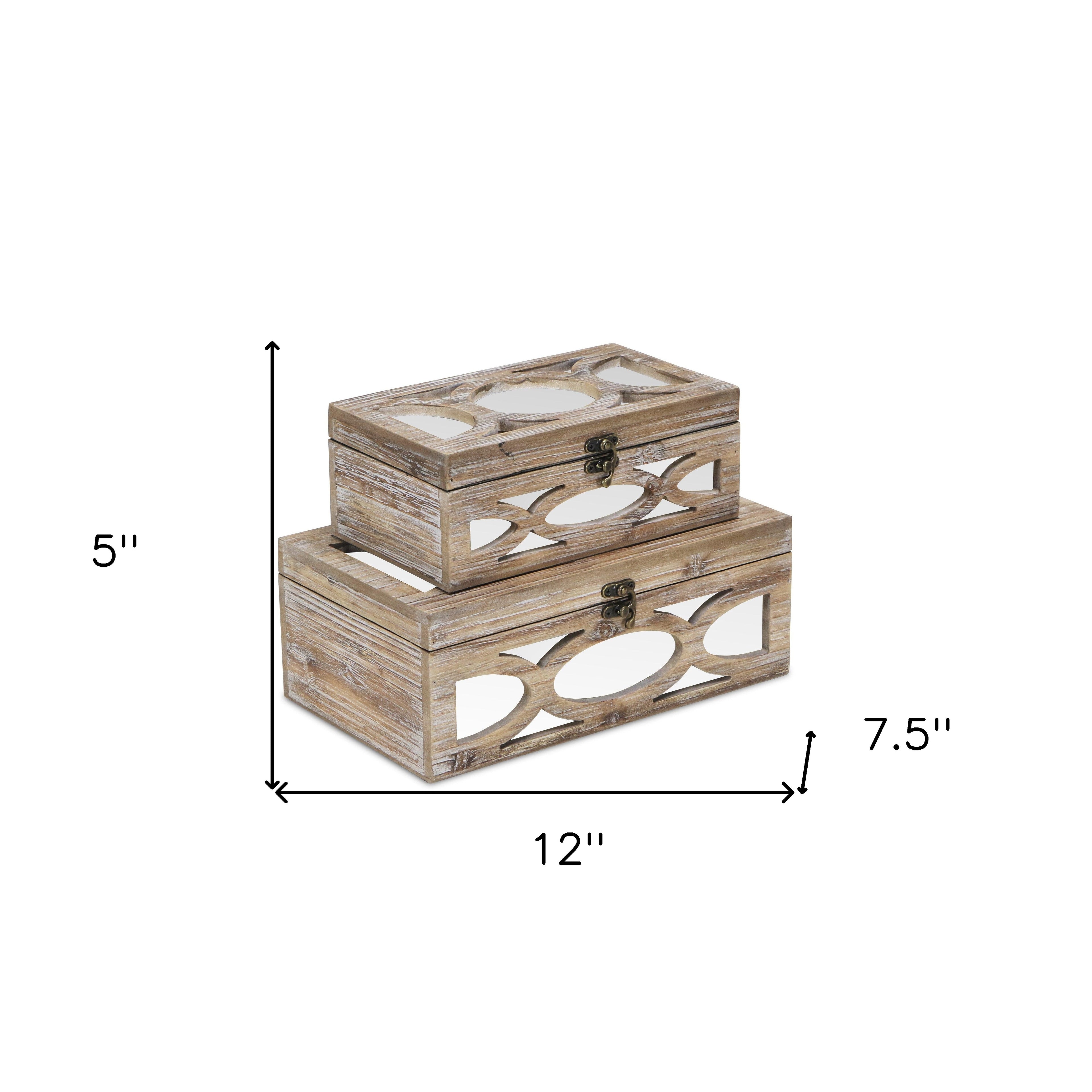 Set of Two Natural And White Solid Wood And Mirrored Glass Box With Lid