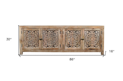 86" Natural Carved Floral Distressed Solid Wood Enclosed Storage TV Stand