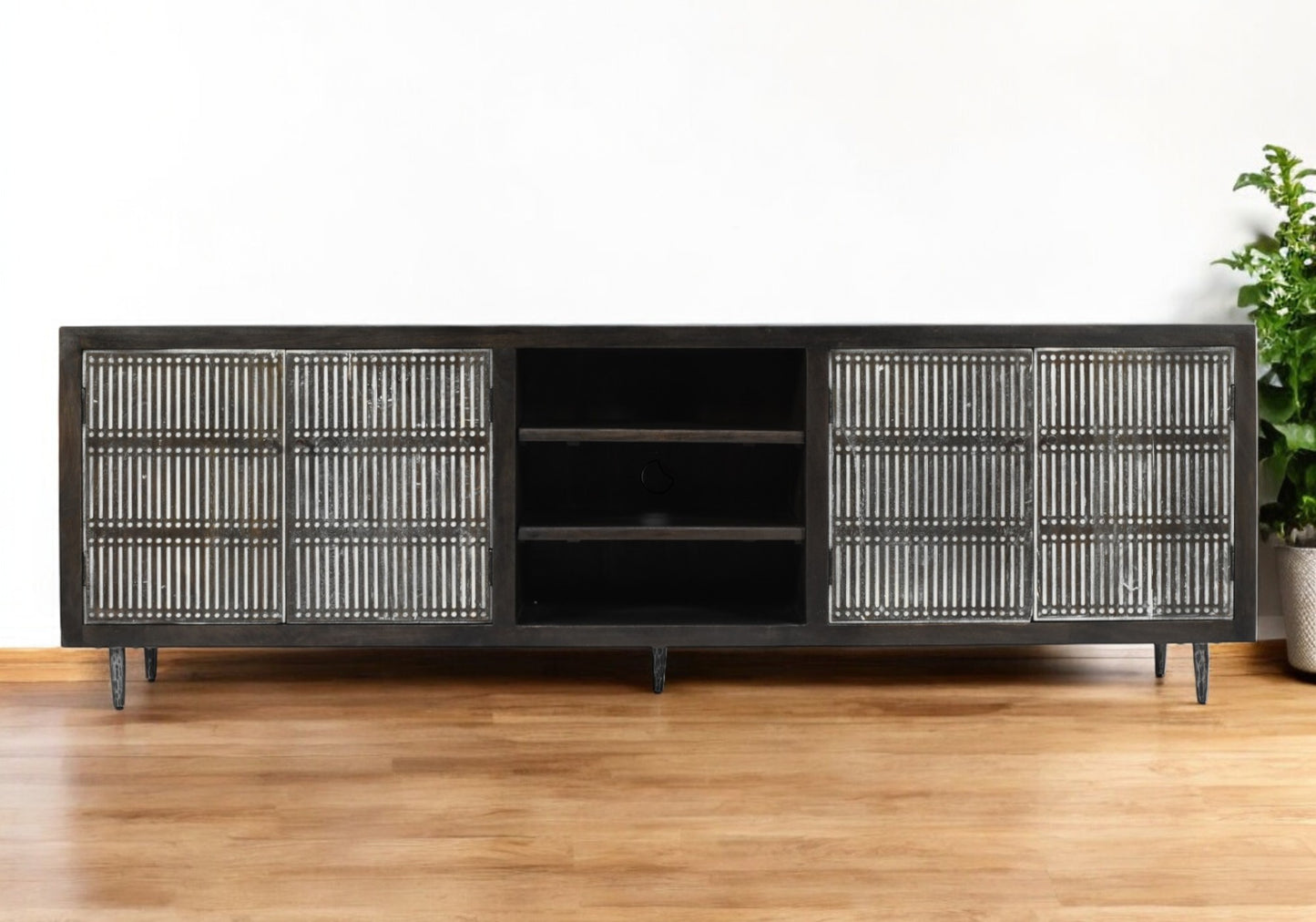 92" Dark Brown Carved Geometric Distressed Solid Wood Enclosed and Open Storage TV Stand