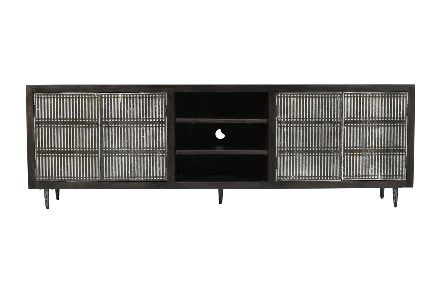 92" Dark Brown Carved Geometric Distressed Solid Wood Enclosed and Open Storage TV Stand