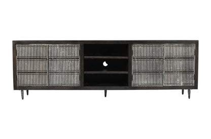 92" Dark Brown Carved Geometric Distressed Solid Wood Enclosed and Open Storage TV Stand