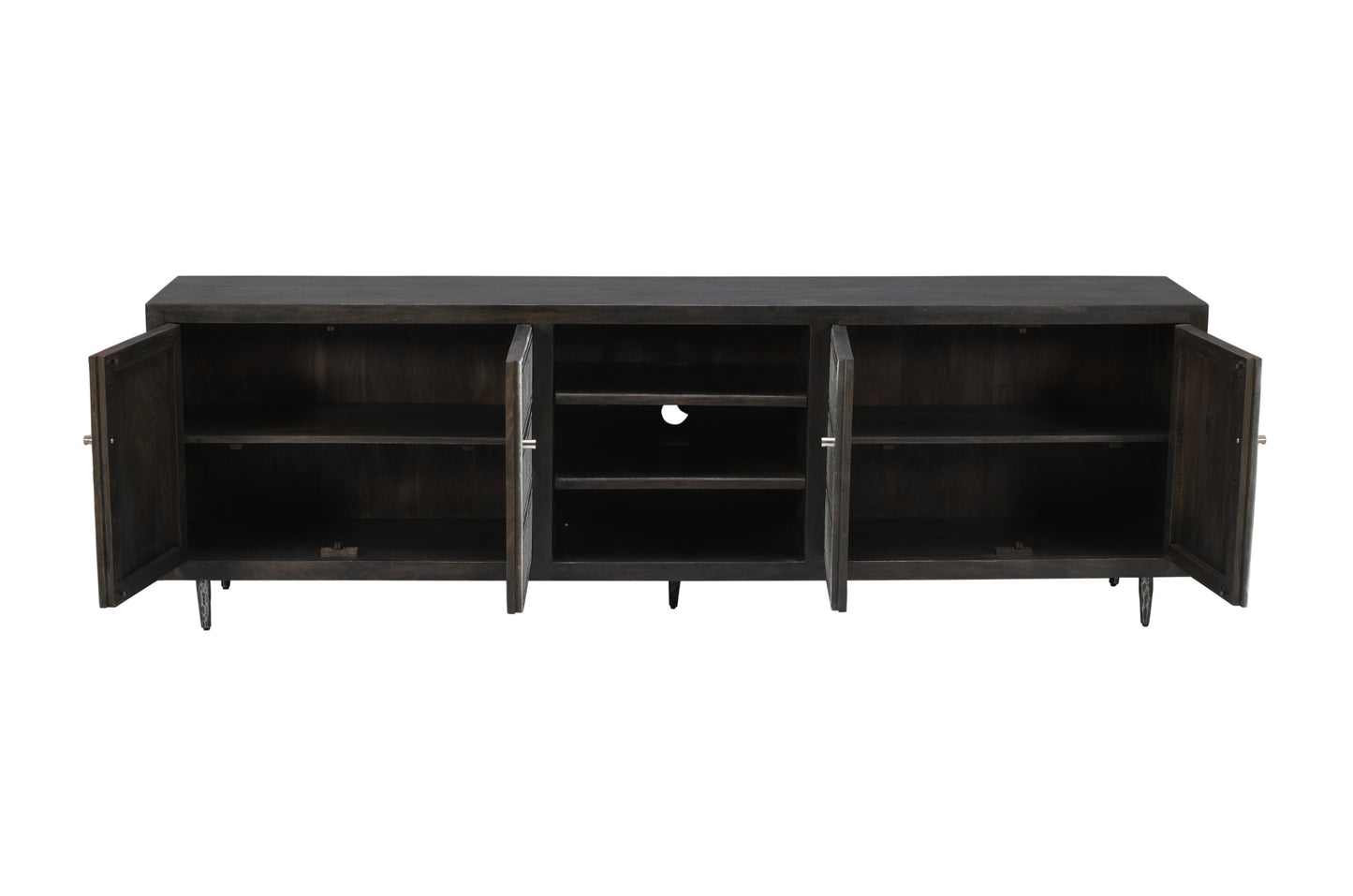 92" Dark Brown Carved Geometric Distressed Solid Wood Enclosed and Open Storage TV Stand