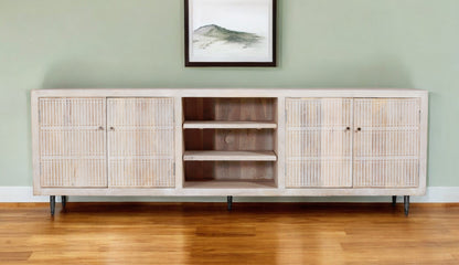 92" Ivory Carved Geometric Distressed Solid Wood Enclosed and Open Storage TV Stand