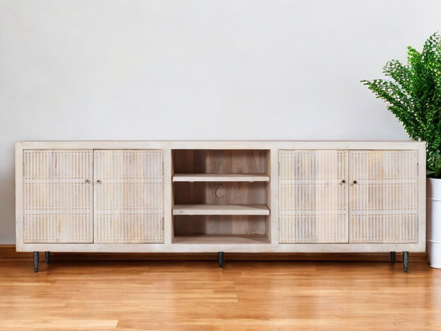92" Ivory Carved Geometric Distressed Solid Wood Enclosed and Open Storage TV Stand