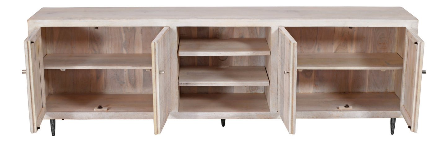 92" Ivory Carved Geometric Distressed Solid Wood Enclosed and Open Storage TV Stand