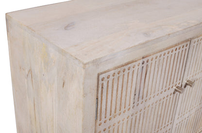 92" Ivory Carved Geometric Distressed Solid Wood Enclosed and Open Storage TV Stand