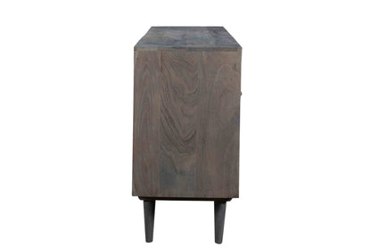 55" Dark Gray Carved Geometric Distressed Solid Wood Enclosed and Open Storage TV Stand