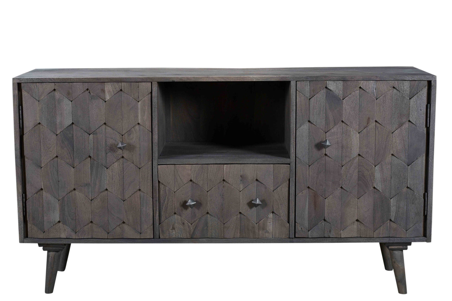 55" Dark Gray Carved Geometric Distressed Solid Wood Enclosed and Open Storage TV Stand