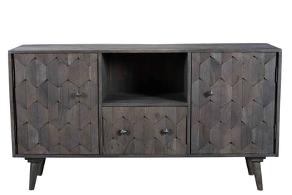 55" Dark Gray Carved Geometric Distressed Solid Wood Enclosed and Open Storage TV Stand