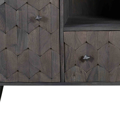 55" Dark Gray Carved Geometric Distressed Solid Wood Enclosed and Open Storage TV Stand
