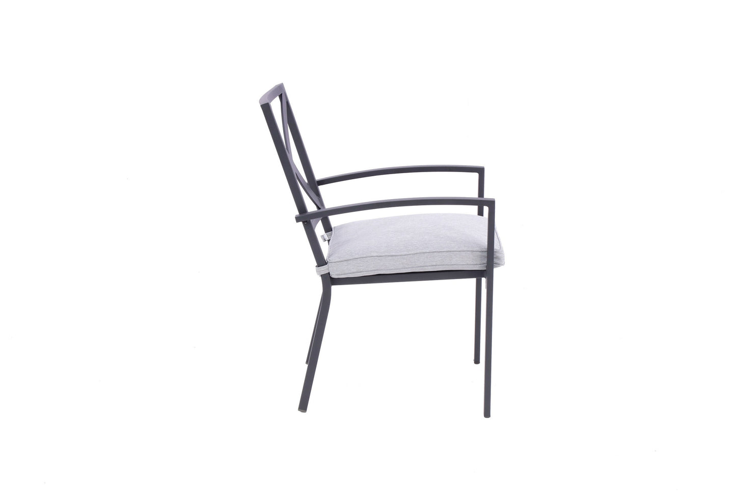 Set of Two Dark Gray Aluminum Outdoor Stacking Dining Chairs with Light Gray Cushion