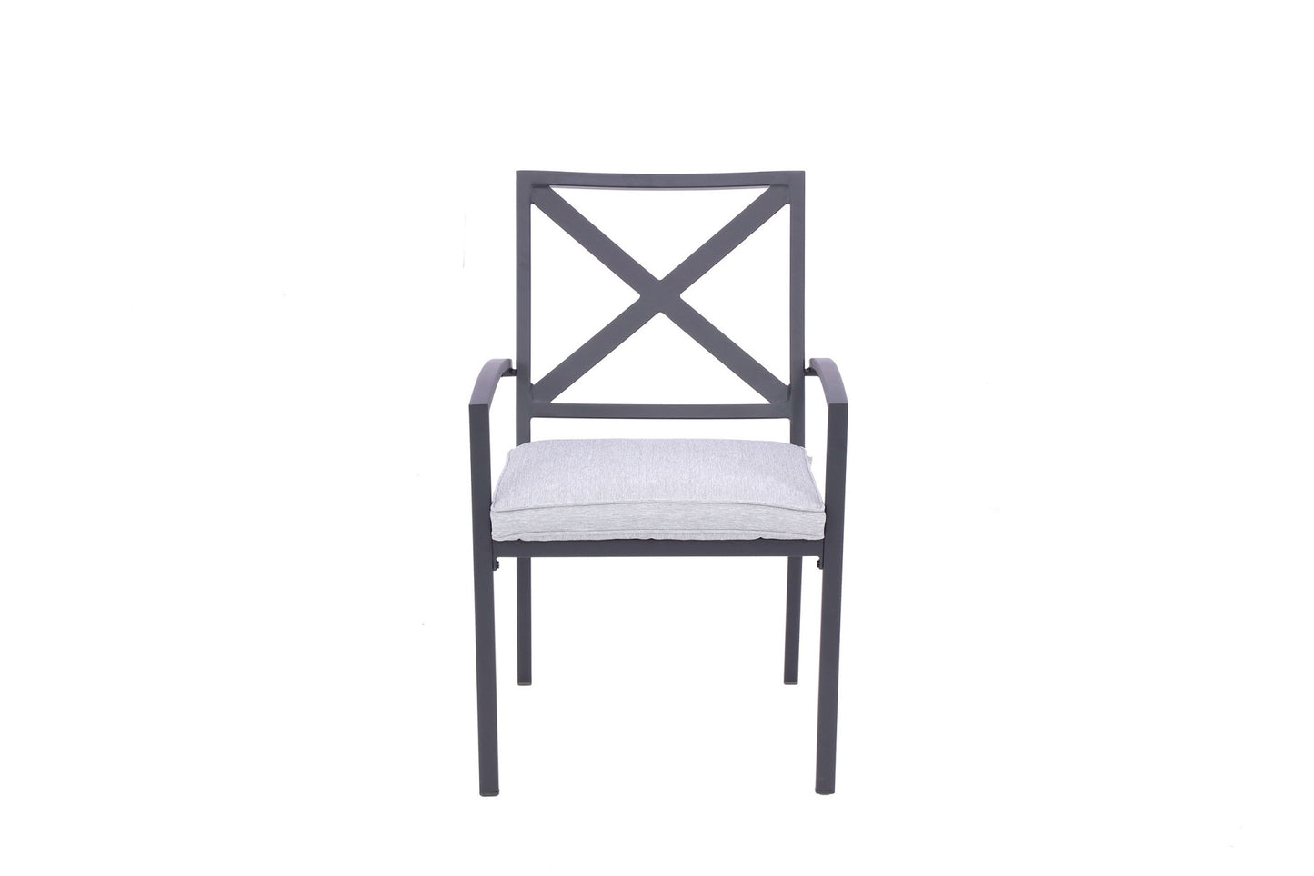 Set of Two Dark Gray Aluminum Outdoor Stacking Dining Chairs with Light Gray Cushion